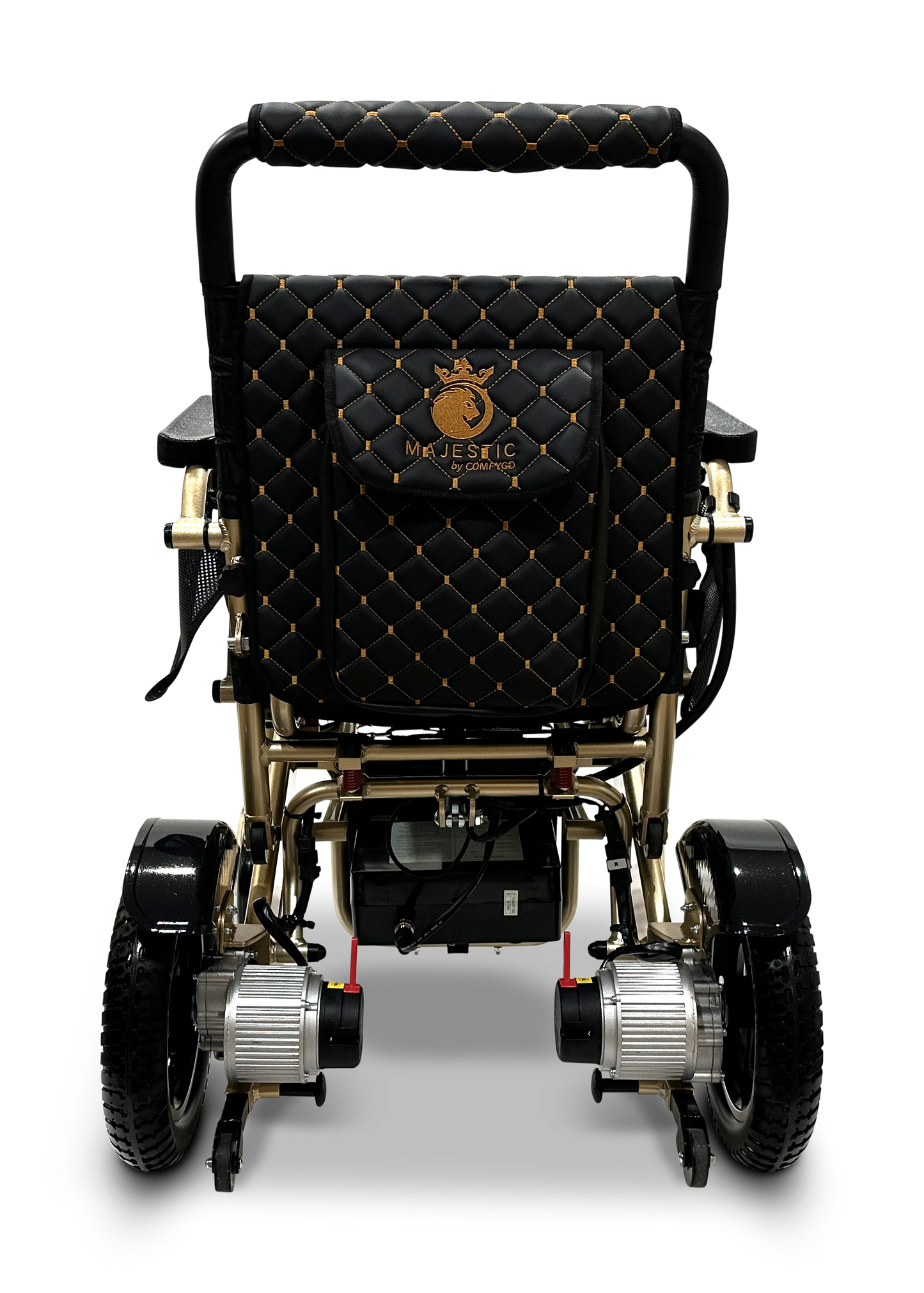 Introducing the MAJESTIC IQ-7000 Remote Controlled Electric Wheelchair, featuring a black and gold design with quilted seat upholstery. It showcases a logo with a crown and the word "Majestic." This lightweight travel wheelchair is equipped with large rear wheels, smaller front wheels, and a 360-degree intelligent joystick for effortless mobility.