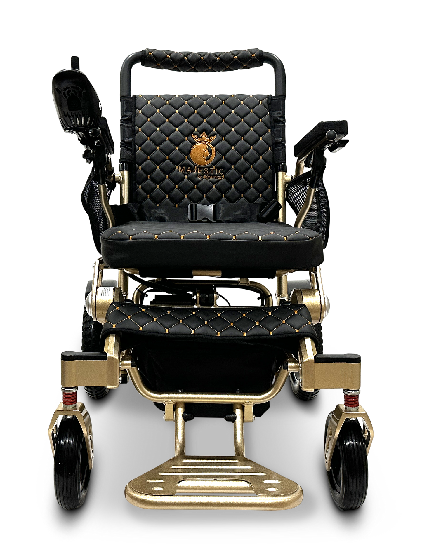 The MAJESTIC IQ-7000 Remote Controlled Electric Wheelchair comes in an elegant black and gold design with a quilted pattern and a lion emblem on the backrest. It is a lightweight motorized transport chair that includes armrests, footrests, and a joystick control conveniently located on the right armrest.