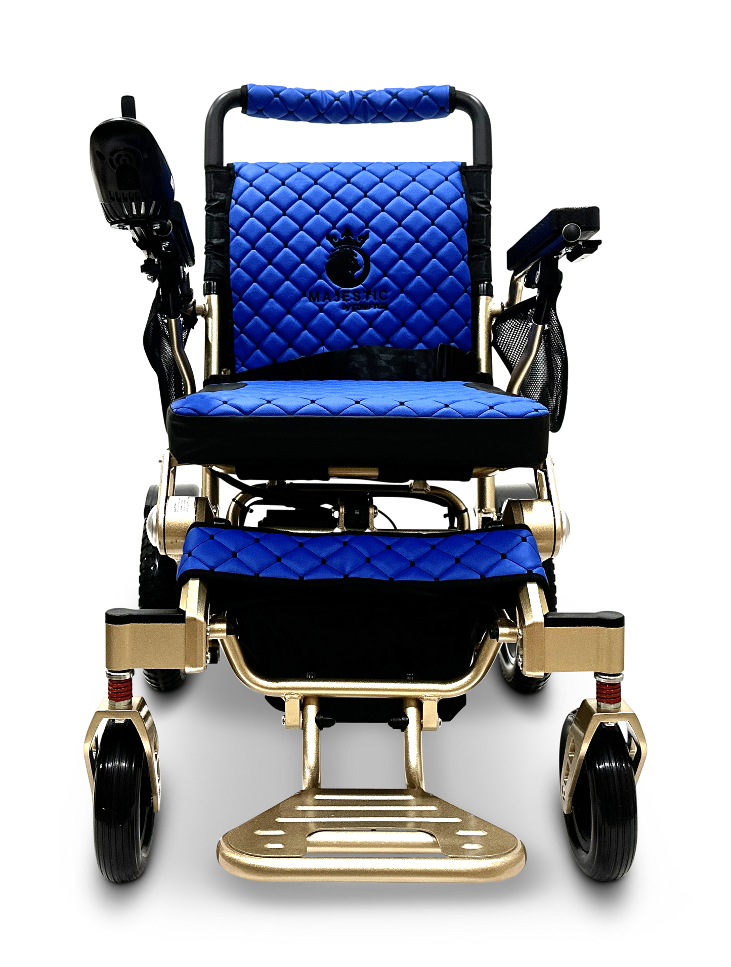 The MAJESTIC IQ-7000 Remote Controlled Electric Wheelchair is a blue and black model featuring a quilted seat and backrest. It includes a 360-degree joystick conveniently located on the right armrest, two front wheels, and showcases visible gold metal framing. The modern and sleek design makes it ideal for lightweight travel.