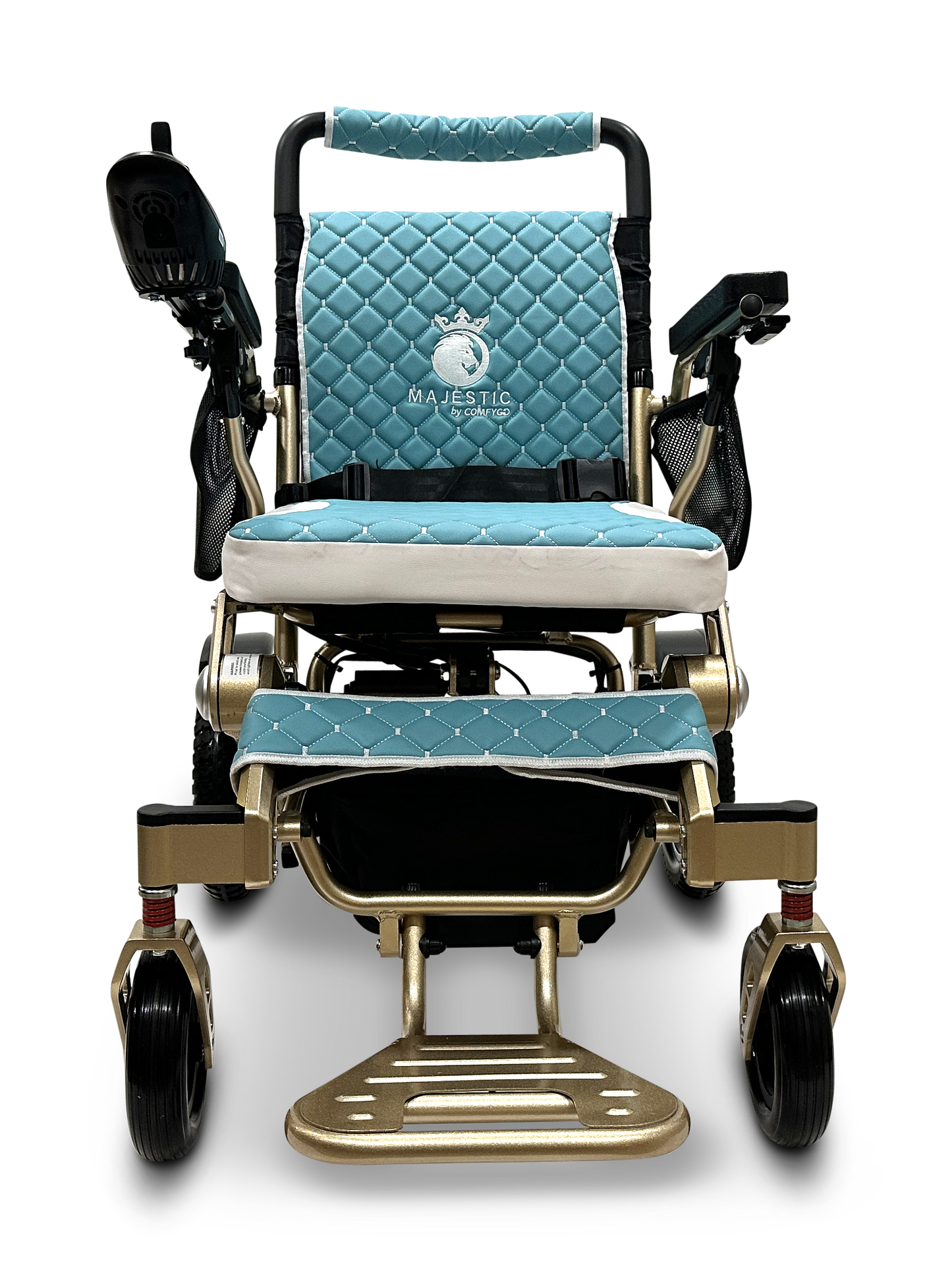 The MAJESTIC IQ-7000 Auto Folding Remote Controlled Electric Wheelchair boasts quilted seat and backrest padding, black armrests, and a footplate for comfort. Its gold and blue design with a 360-degree joystick is elegantly set against a black background for enhanced maneuverability.