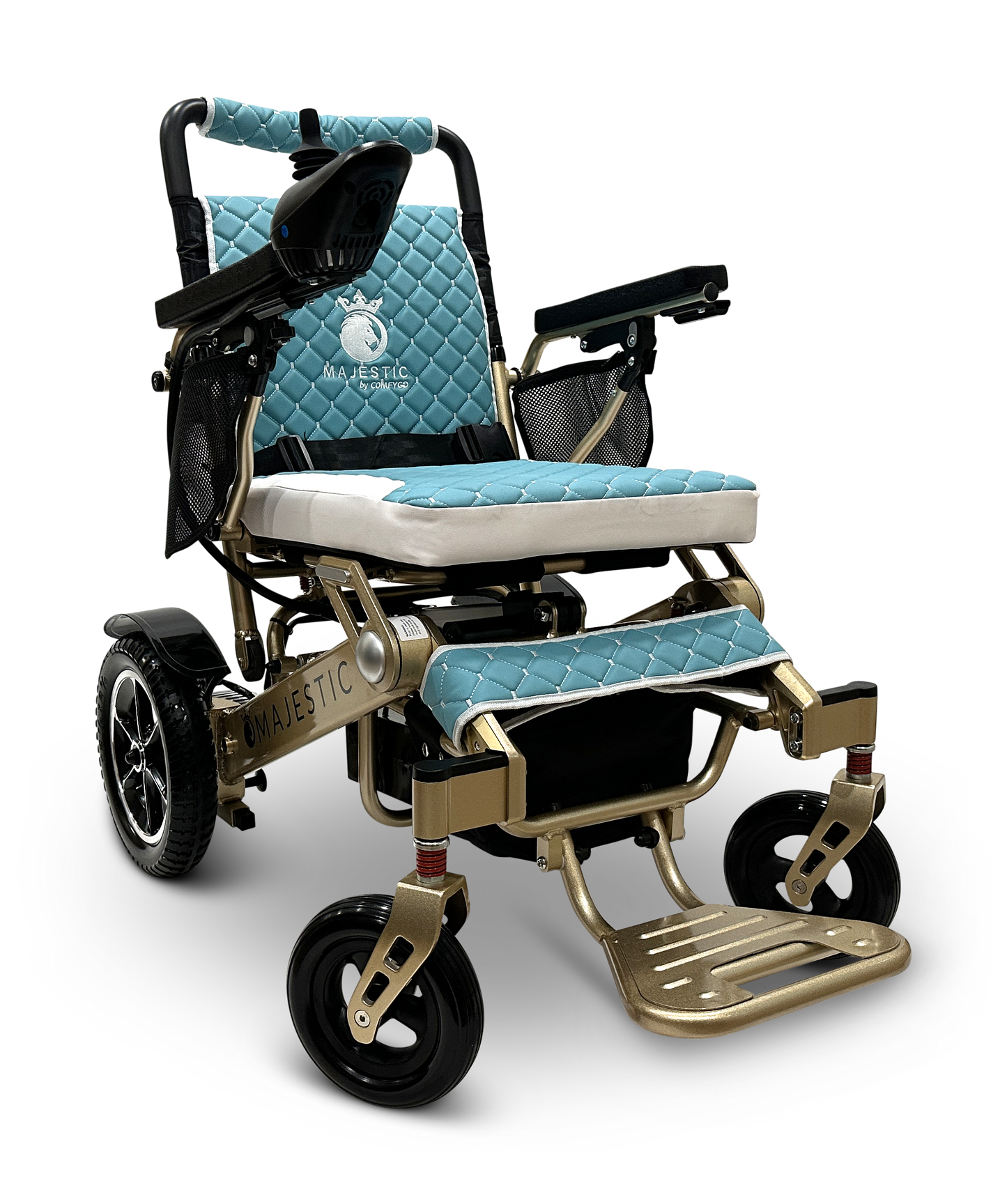 The MAJESTIC IQ-7000 Auto Folding Remote Controlled Electric Wheelchair features a golden frame, quilted turquoise seat, 360-degree joystick control on the armrest, lightweight build with convenient footrests and black tires, showcasing the Majestic brand in its auto-folding design.