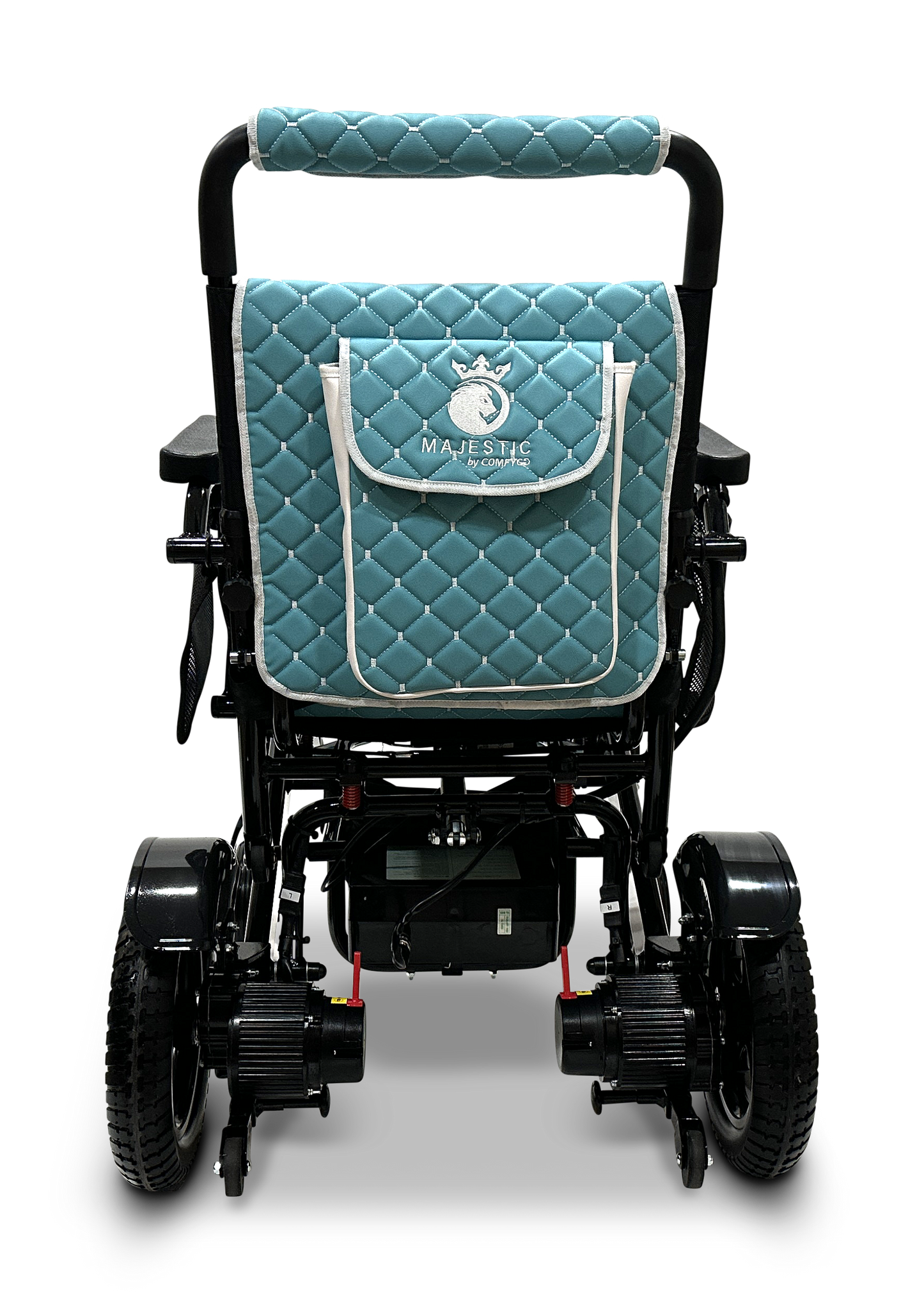 The image depicts the rear view of a lightweight MAJESTIC IQ-7000 Remote Controlled Electric Wheelchair, featuring large wheels and a teal quilted storage pouch affixed to the backrest. The pouch is accented with white trim and displays a crown logo alongside the word "MAJESTIC.