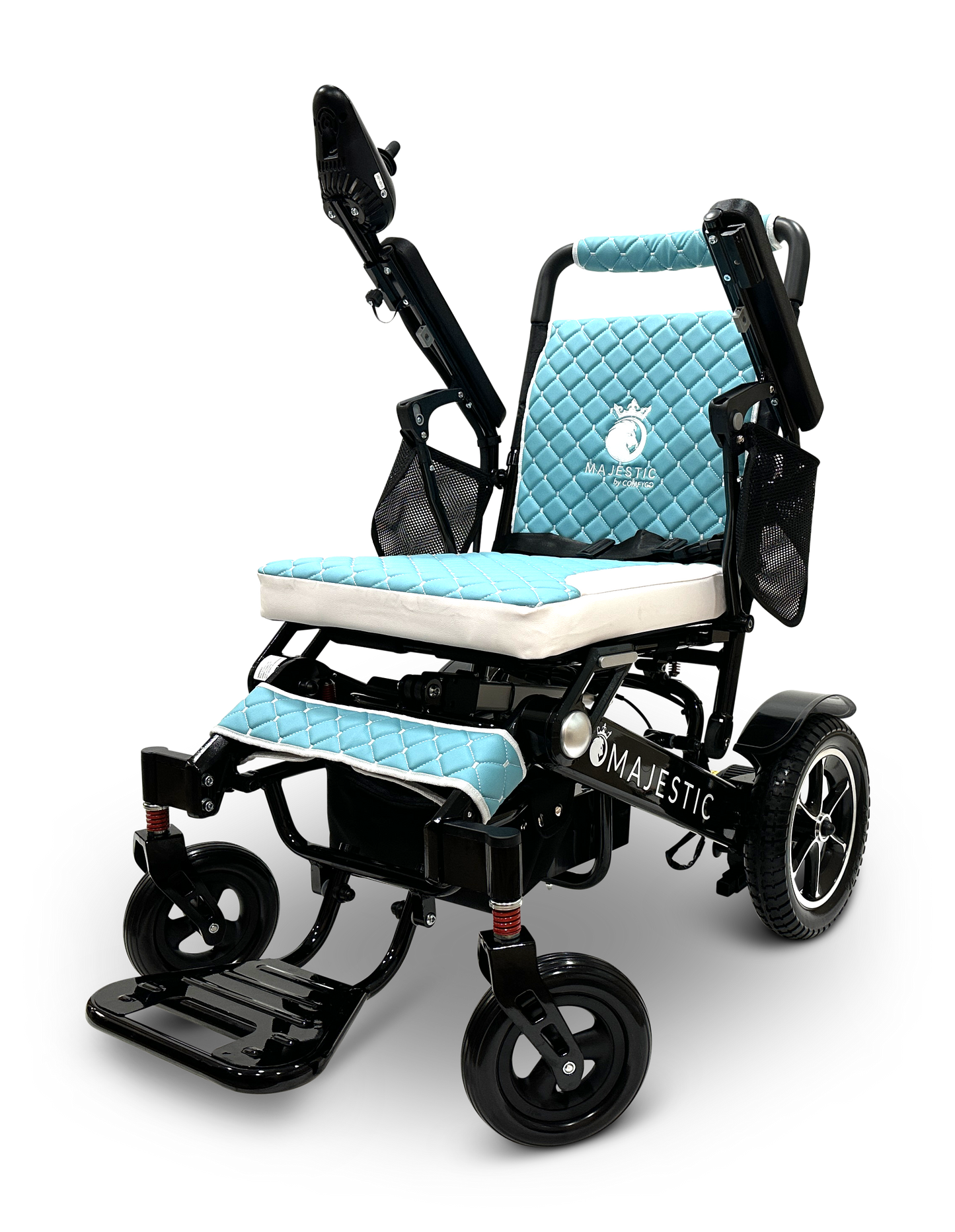 The MAJESTIC IQ-7000 Auto Folding Remote Controlled Electric Wheelchair is designed in black with blue quilted cushions and armrests. It includes an intelligent joystick control on the right armrest, sturdy wheels, and an auto folding footrest. The brand name Majestic is prominently displayed on the chair.