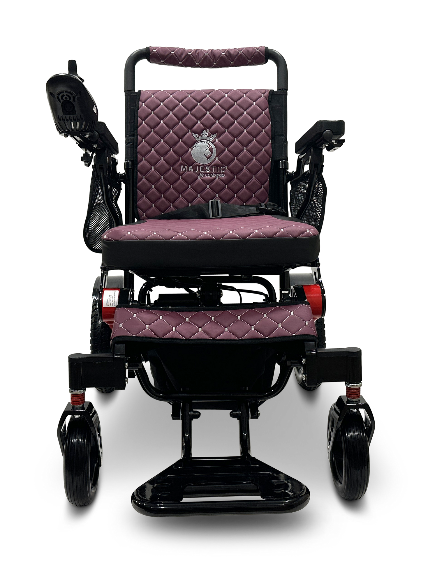 Introducing the MAJESTIC IQ-7000 Remote Controlled Electric Wheelchair: a lightweight, purple electric mobility chair with a diamond-patterned design. It features padded armrests and joystick control for ease of use. The Majestic brand name is elegantly embroidered on the backrest. With a sleek black frame and caster wheels, this auto-folding model combines convenience and style effortlessly.
