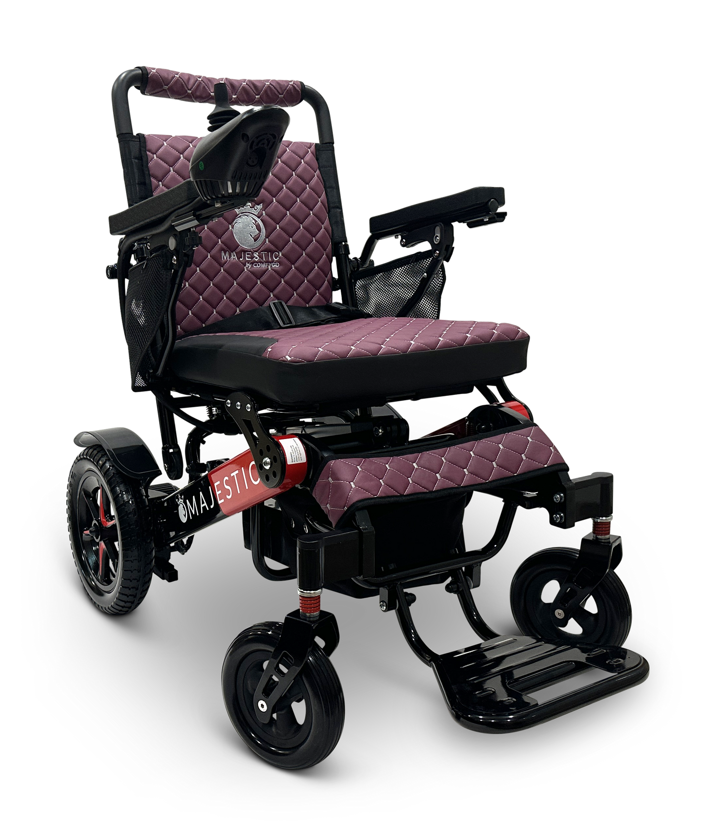 The MAJESTIC IQ-7000 Remote Controlled Electric Wheelchair is a maroon and black lightweight model with quilted upholstery and armrests. It features an intelligent joystick for seamless control, with four wheels providing stability. The brand name Majestic is prominently displayed on the side of this auto-folding electric wheelchair, combining convenience and style in one elegant package.