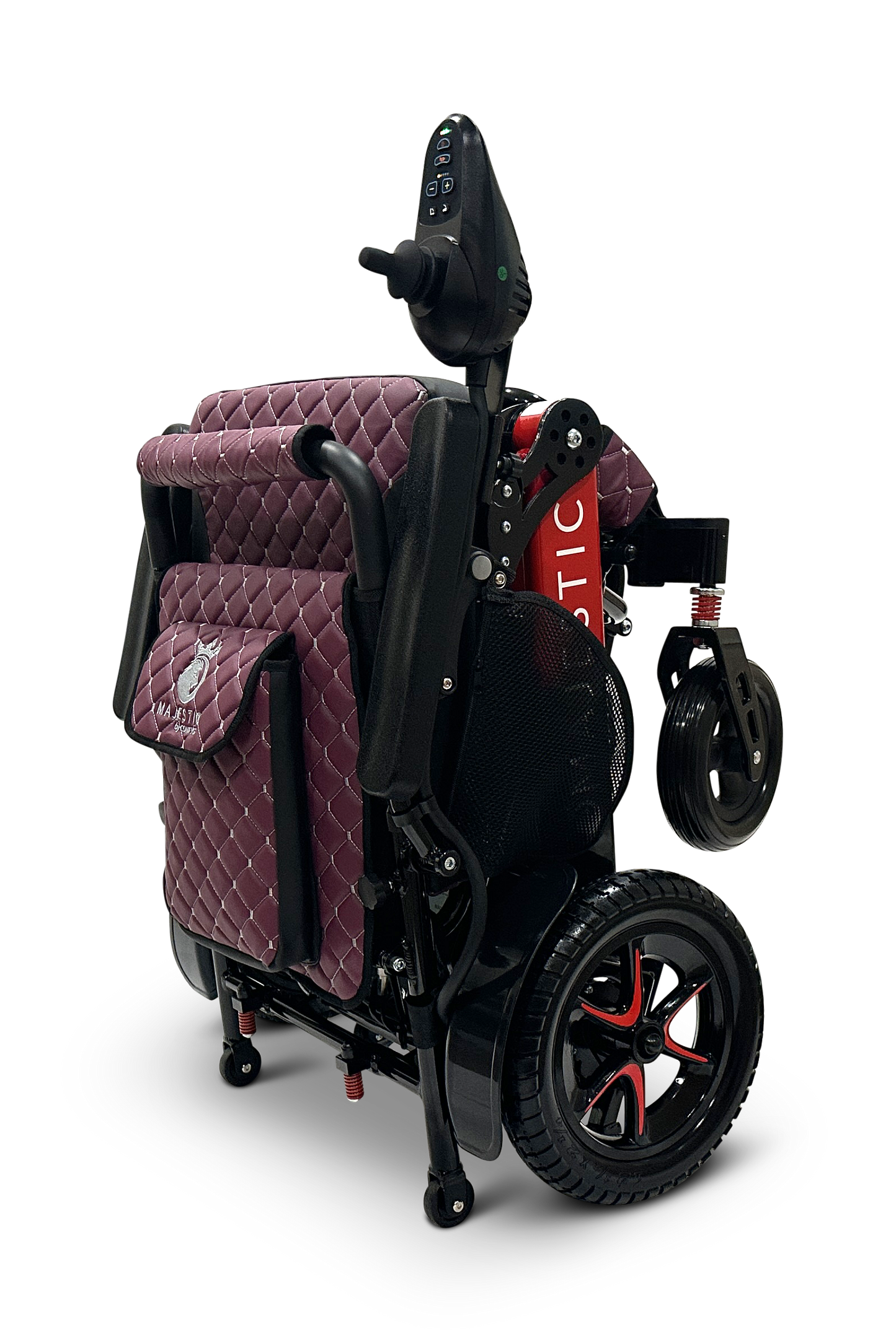 Showcased against a sleek black background is the MAJESTIC IQ-7000 Auto Folding Remote Controlled Electric Wheelchair, featuring a folded design in red and black with quilted maroon cushioning, an intelligent joystick, and sturdy black wheels accented in red.