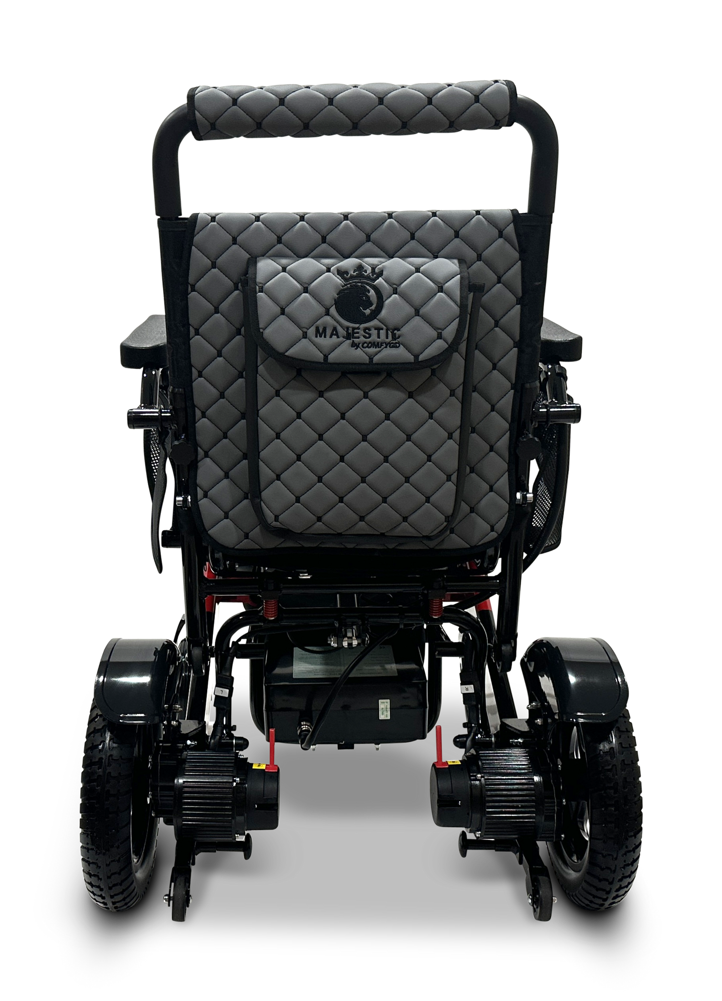 The rear view of the lightweight black MAJESTIC IQ-7000 Remote Controlled Electric Wheelchair showcases a quilted backrest with the word MAJESTIC and a crown logo. This auto-folding model is designed with two large wheels and two smaller ones to enhance stability.