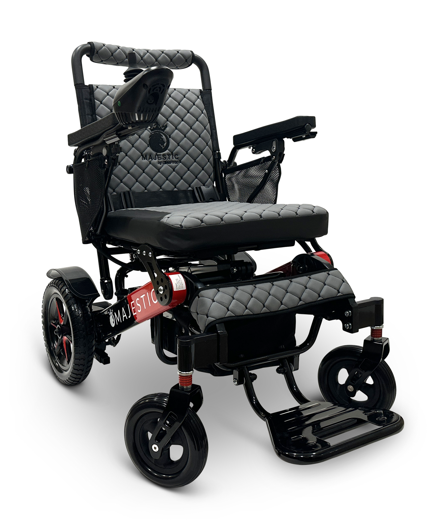 The MAJESTIC IQ-7000 Remote Controlled Electric Wheelchair in black and red features quilted upholstery, armrests, a cushioned seat, and large rear wheels. This lightweight model is ideal for those seeking comfort and style while on the move.
