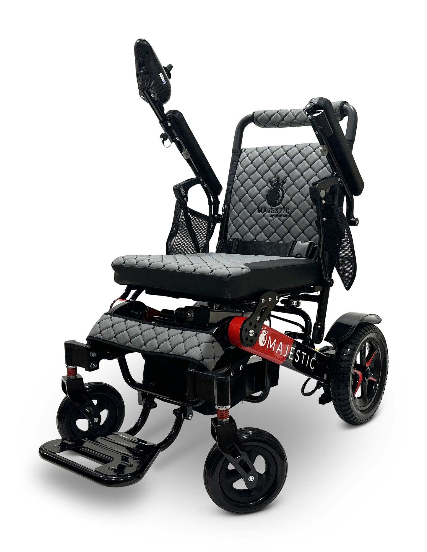 The MAJESTIC IQ-7000 Remote Controlled Electric Wheelchair features a sleek black design with quilted padding, adjustable armrests and footrests, and a lightweight structure. It also includes auto-folding capabilities with the Majestic logo on the side, red accents, and large wheels perfect for both indoor and outdoor use.