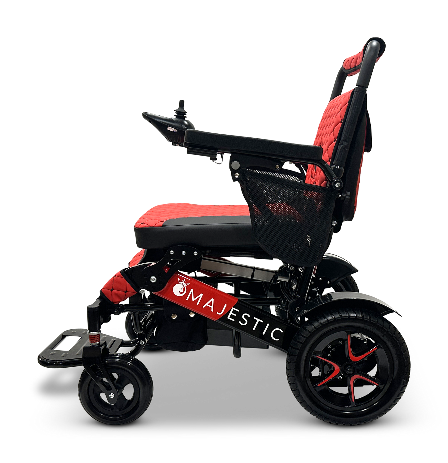 The MAJESTIC IQ-7000 Remote Controlled Electric Wheelchair is an auto-folding model in red and black, featuring a cushioned seat and intelligent joystick controls. It has the word "Majestic" on the side, a mesh side pocket, and sturdy wheels set against a black backdrop.
