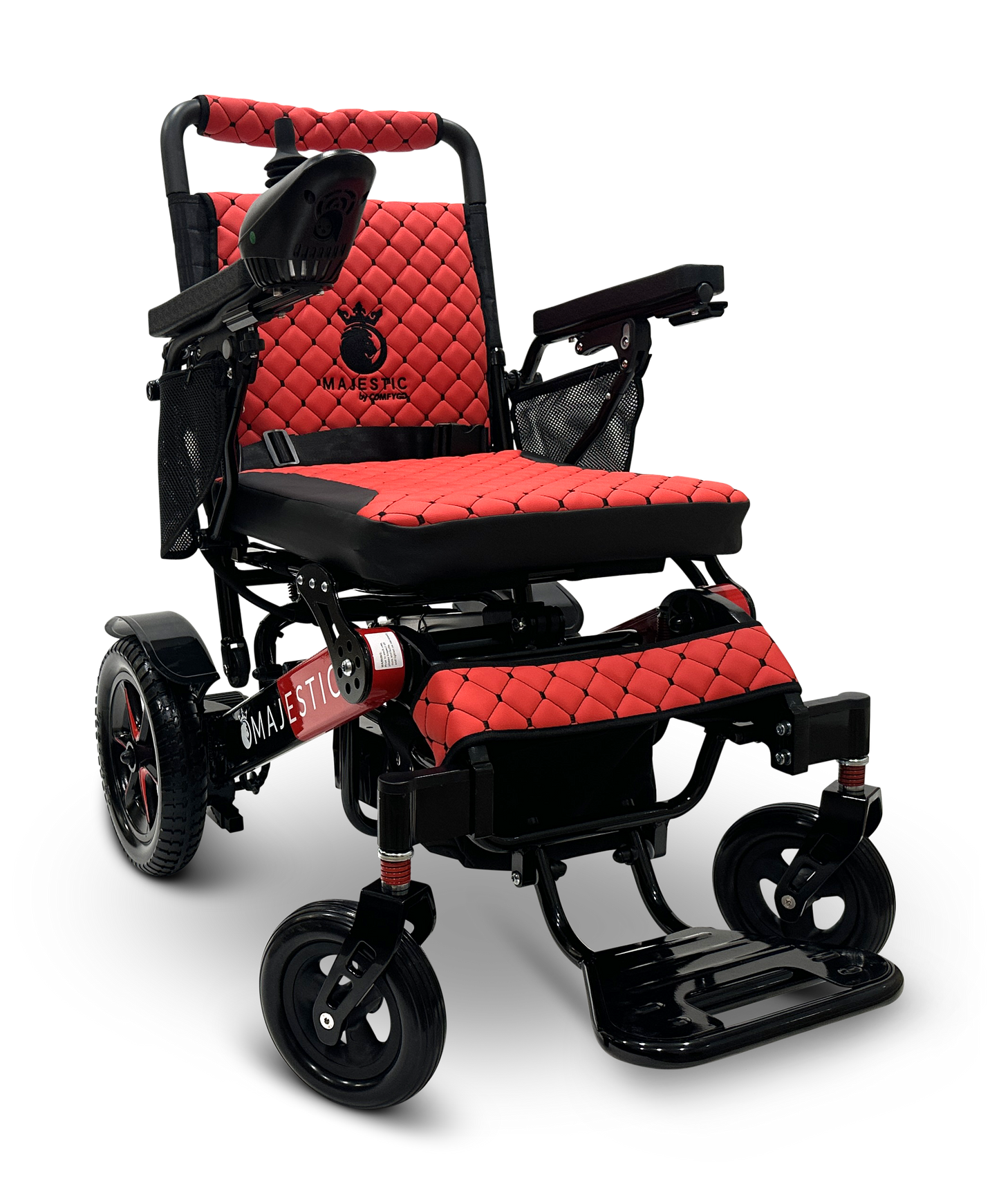 The MAJESTIC IQ-7000 Remote Controlled Electric Wheelchair showcases quilted upholstery in red and black with a prominent brand logo. It includes an intelligent joystick, padded armrests, footrests, and sturdy black wheels while maintaining a lightweight design for exceptional convenience.