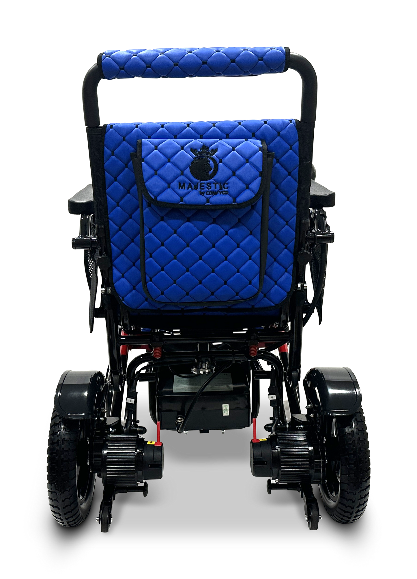 The MAJESTIC IQ-7000 Remote Controlled Electric Wheelchair is a black and blue auto-folding model with quilted fabric on the backrest and seat. It includes large rear wheels, smaller front wheels, and an intelligent joystick for improved mobility and comfort.