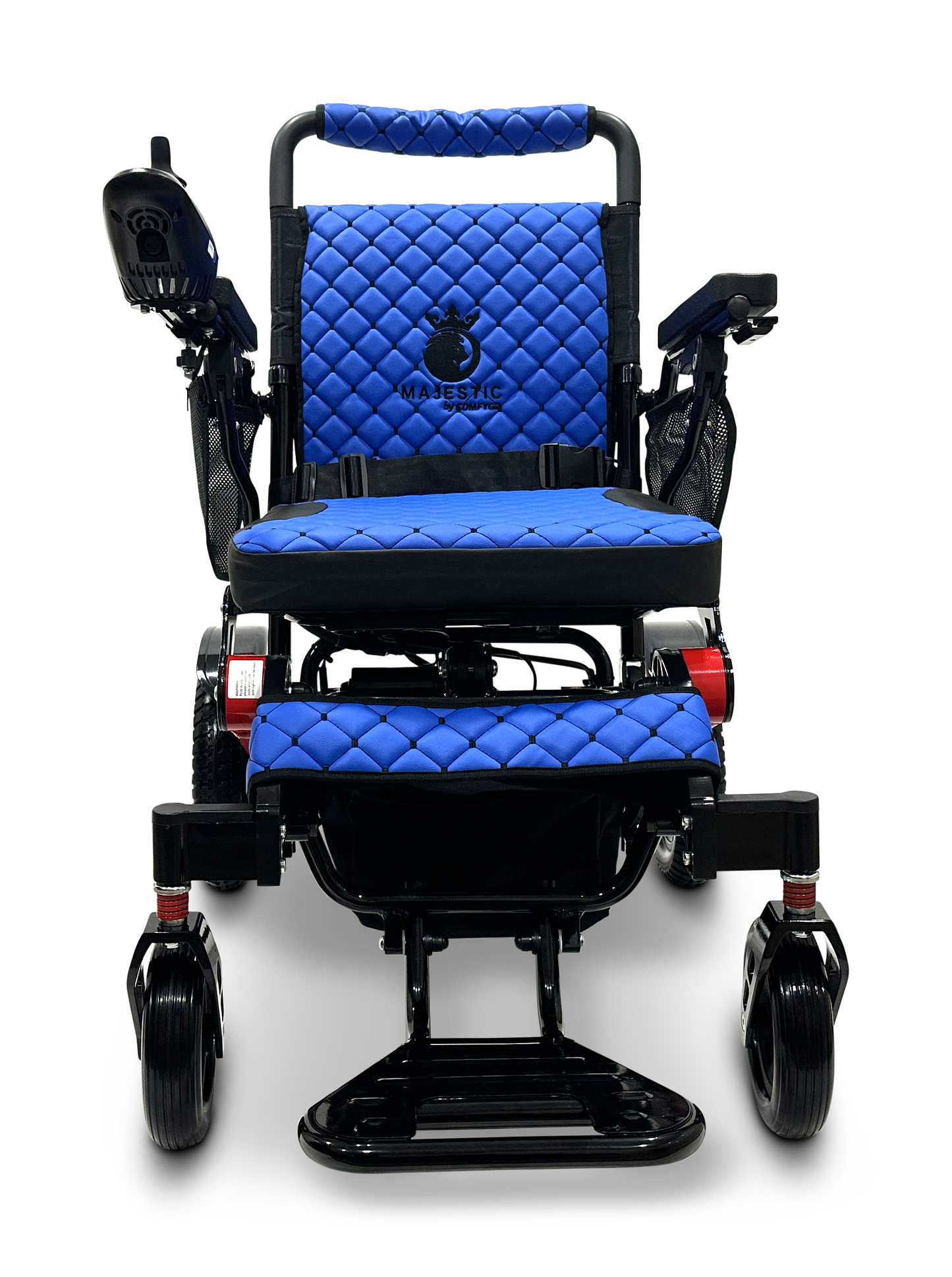 The MAJESTIC IQ-7000 Remote Controlled Electric Wheelchair boasts a lightweight design with a blue quilted seat and backrest, complemented by a sleek black frame and an intelligent joystick on the right armrest. The elegant touch of the MAJESTIC logo is featured on the backrest, enhancing this auto-folding model's sophisticated appeal.