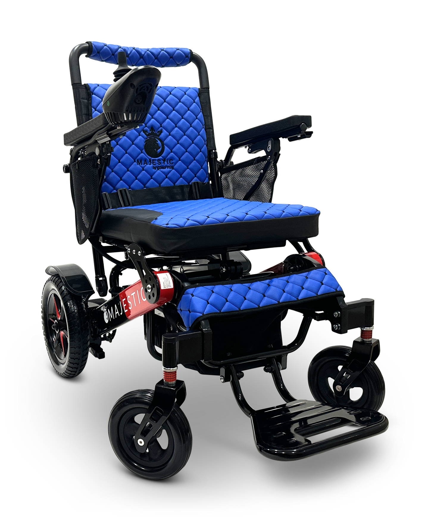Introducing the MAJESTIC IQ-7000 Remote Controlled Electric Wheelchair, featuring a blue and black design with a quilted seat and backrest. It includes black armrests, striking red accents, small front wheels, larger rear wheels, and an intelligent joystick for effortless control. The Majestic logo is prominently displayed on the side.