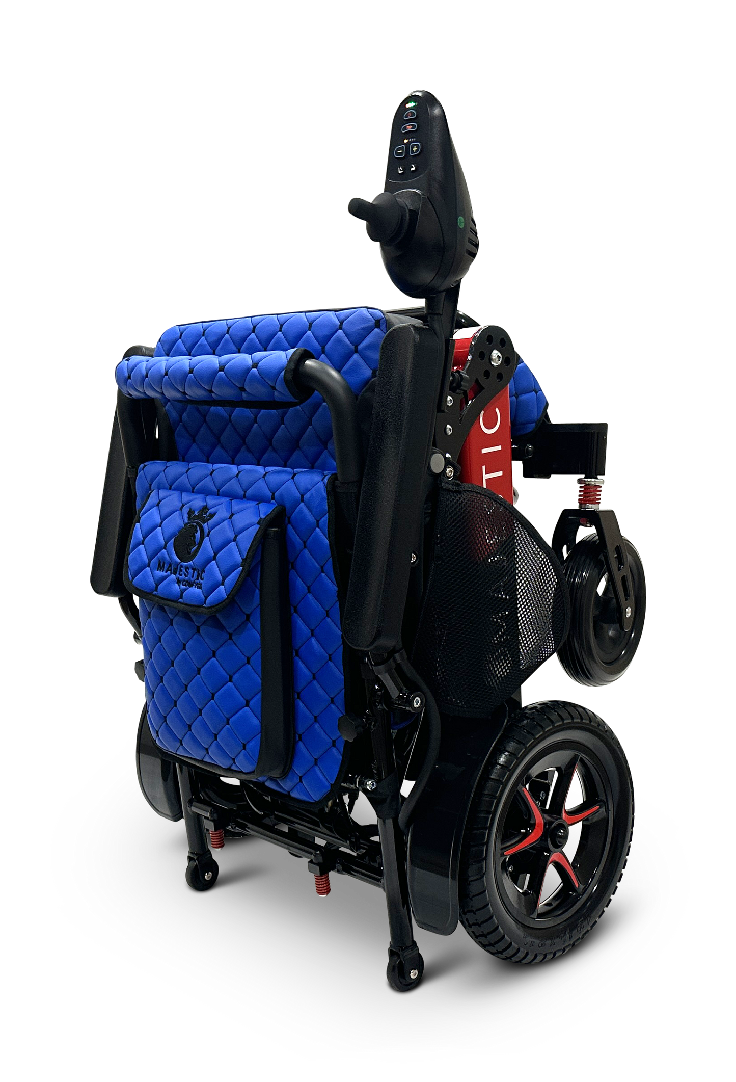 The MAJESTIC IQ-7000 Remote Controlled Electric Wheelchair boasts a black frame and folded structure, paired with blue quilted padding for comfort. Its dual wheels enhance mobility, and the intelligent joystick integrated into the handle offers seamless control. Additionally, it includes a side storage pouch, harmoniously combining innovation and convenience in its compact design.