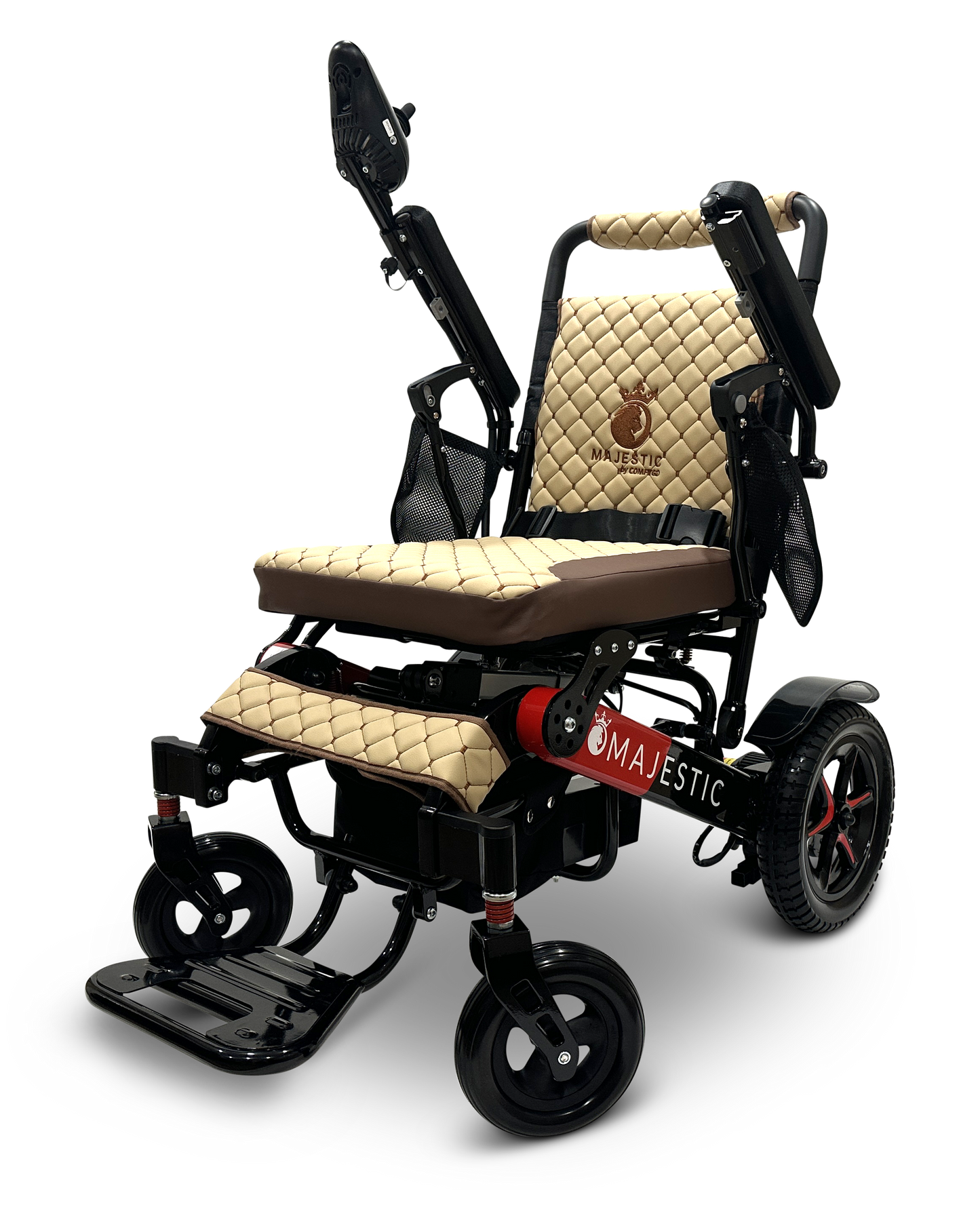 Introducing the MAJESTIC IQ-7000 Remote Controlled Electric Wheelchair: a stylish and lightweight mobility solution featuring quilted beige cushioning, adjustable armrests, and a sleek black frame. Enhanced with auto-folding technology for convenience, this wheelchair prominently displays its Majestic branding on the side. Its four wheels provide enhanced stability and maneuverability.