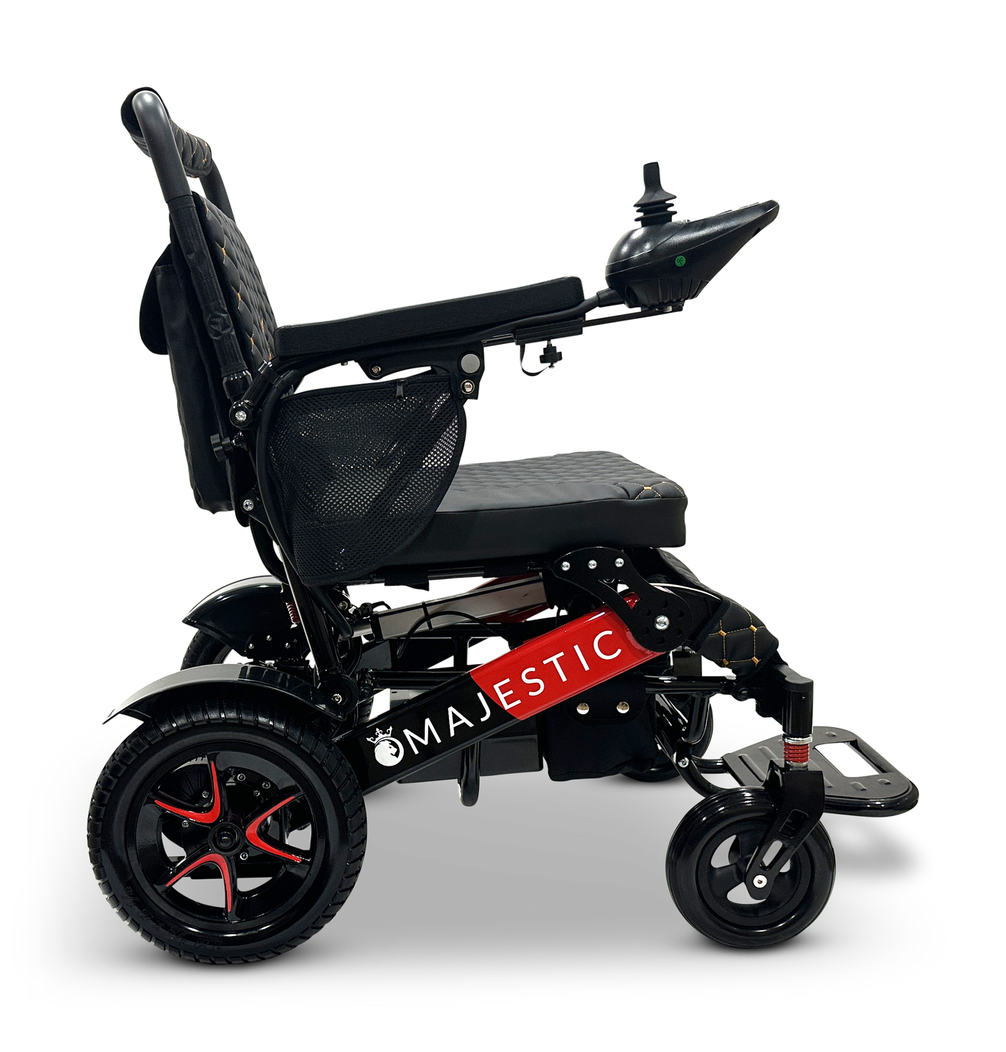 The MAJESTIC IQ-7000 Remote Controlled Electric Wheelchair is a black auto-folding model with red accents, equipped with a padded seat and armrests. It features an intelligent joystick on the right armrest and has an upright backrest, along with sturdy wheels for enhanced mobility. "MAJESTIC" is inscribed on the lower frame.