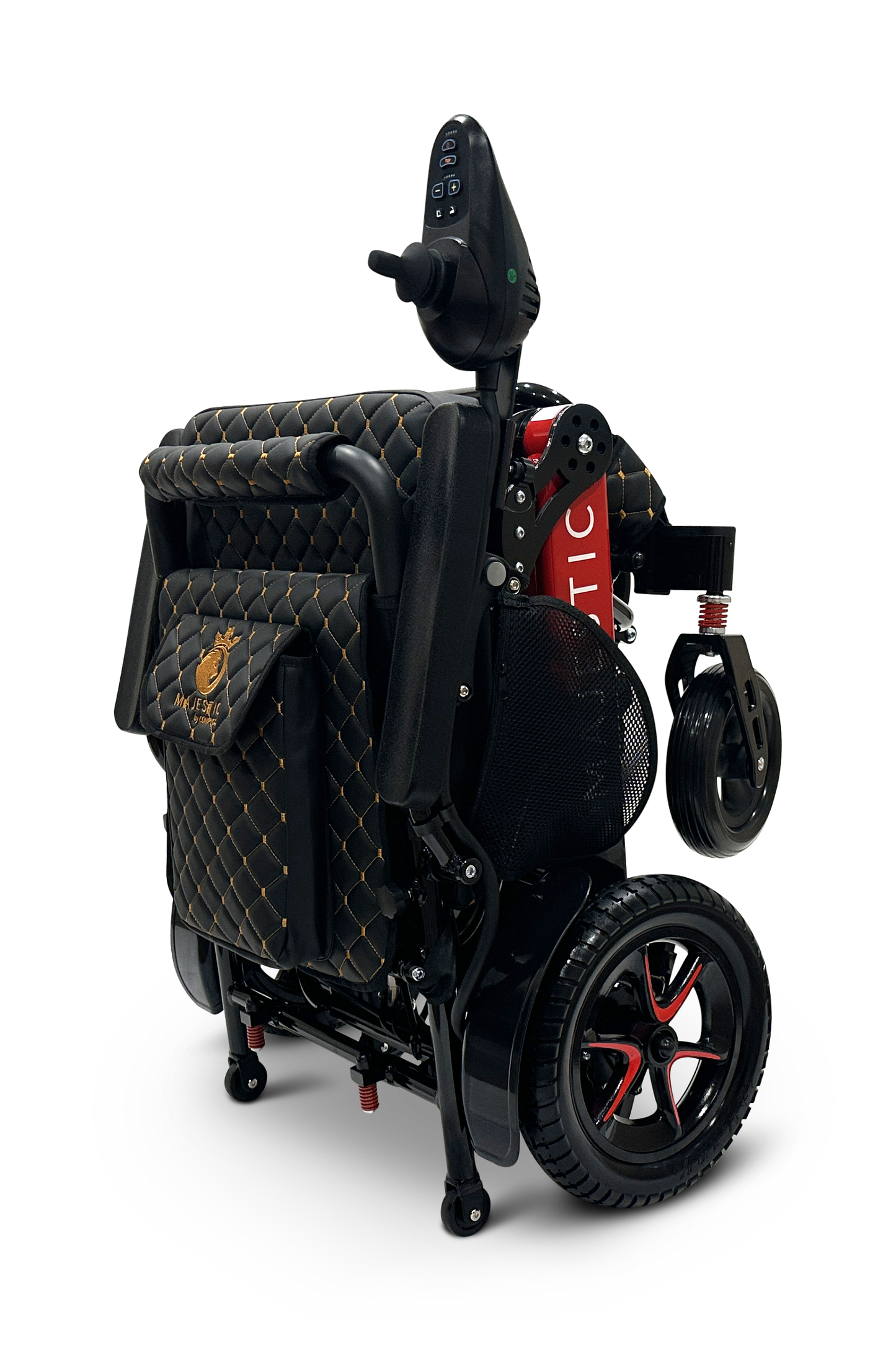 The MAJESTIC IQ-7000 Remote Controlled Electric Wheelchair showcases quilted, diamond-patterned upholstery with black and red accents. It is equipped with an intelligent joystick controller on the armrest, and its compact, modern design ensures portability with visible wheels and handles.