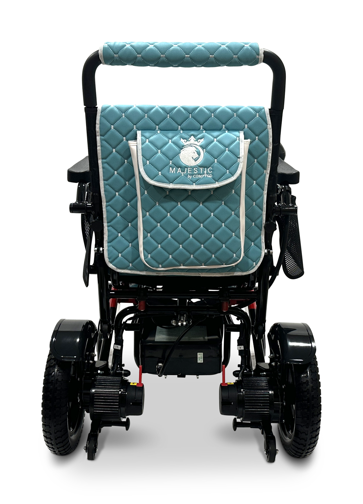 A teal quilted seat cover featuring a white Majestic logo adorns the backrest of the MAJESTIC IQ-7000 Remote Controlled Electric Wheelchair, which boasts black handlebars and large wheels. With a design inspired by lightweight wheelchairs, it offers both style and functionality against a plain background.