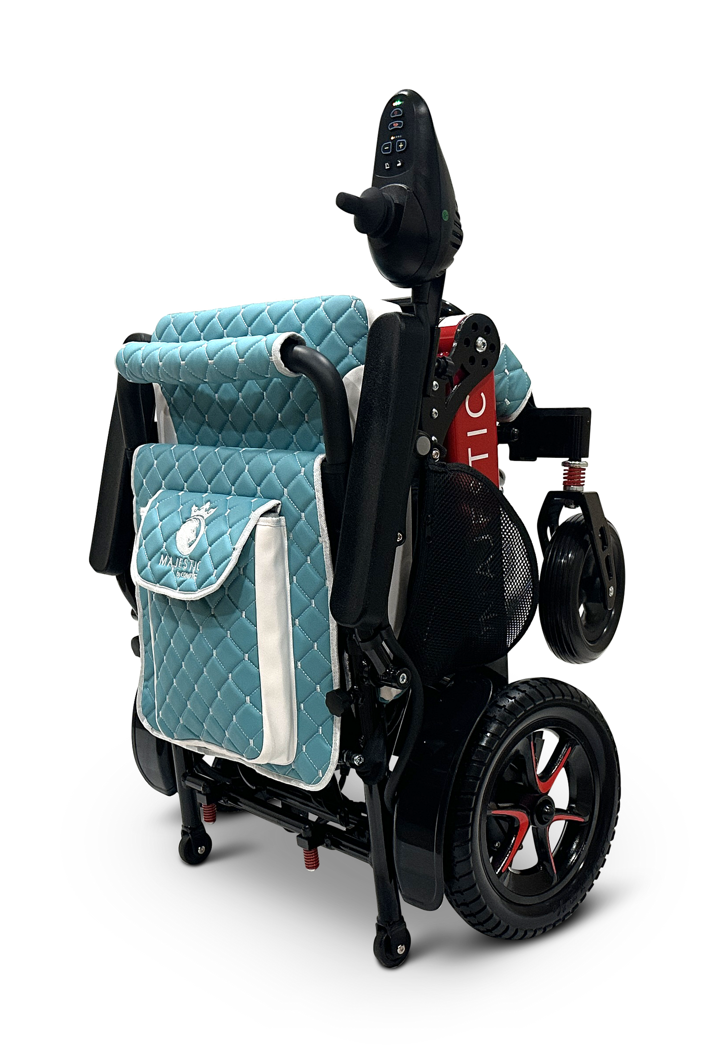 Introducing the MAJESTIC IQ-7000, a compact and lightweight electric wheelchair featuring teal and white quilted fabric, a sleek black frame, and wheels accented in red. Equipped with a control panel on the armrest, this stylish wheelchair also includes an auto-folding mechanism for effortless storage and a handy pocket on the back for convenience.