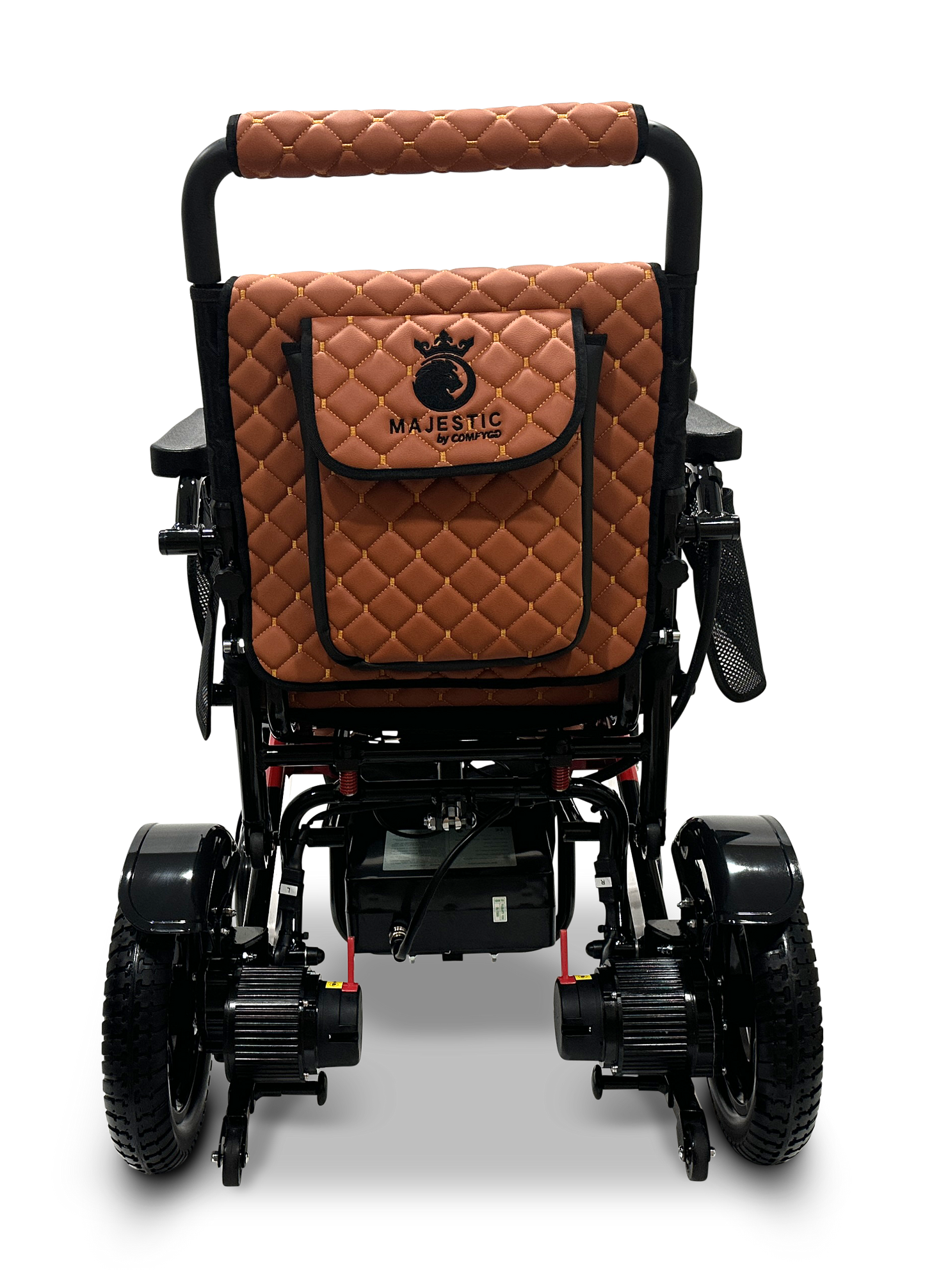The image showcases the luxurious MAJESTIC IQ-7000 Remote Controlled Electric Wheelchair, which is lightweight and comes in a brown quilted design with the Majestic logo on its backrest. It features sleek black wheels, a durable frame, and an auto-folding mechanism, along with a convenient storage pouch attached to the back.