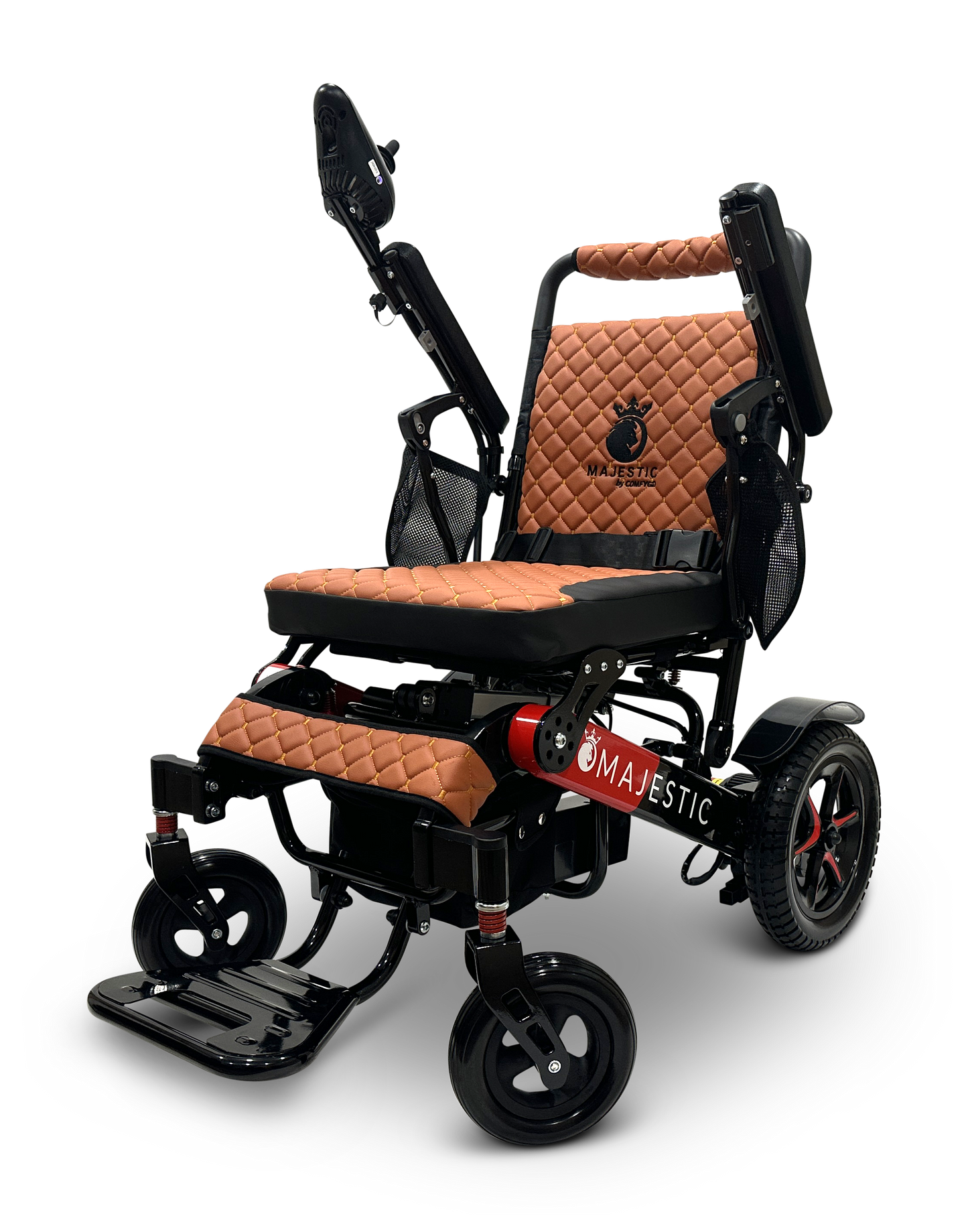 Introducing the MAJESTIC IQ-7000 Remote Controlled Electric Wheelchair, a stylish and lightweight mobility solution featuring quilted brown leather upholstery and a robust black metal frame. The design incorporates small front and rear wheels for easy maneuverability, raised armrests for enhanced comfort, and prominently displays its brand logo at the center of the backrest.