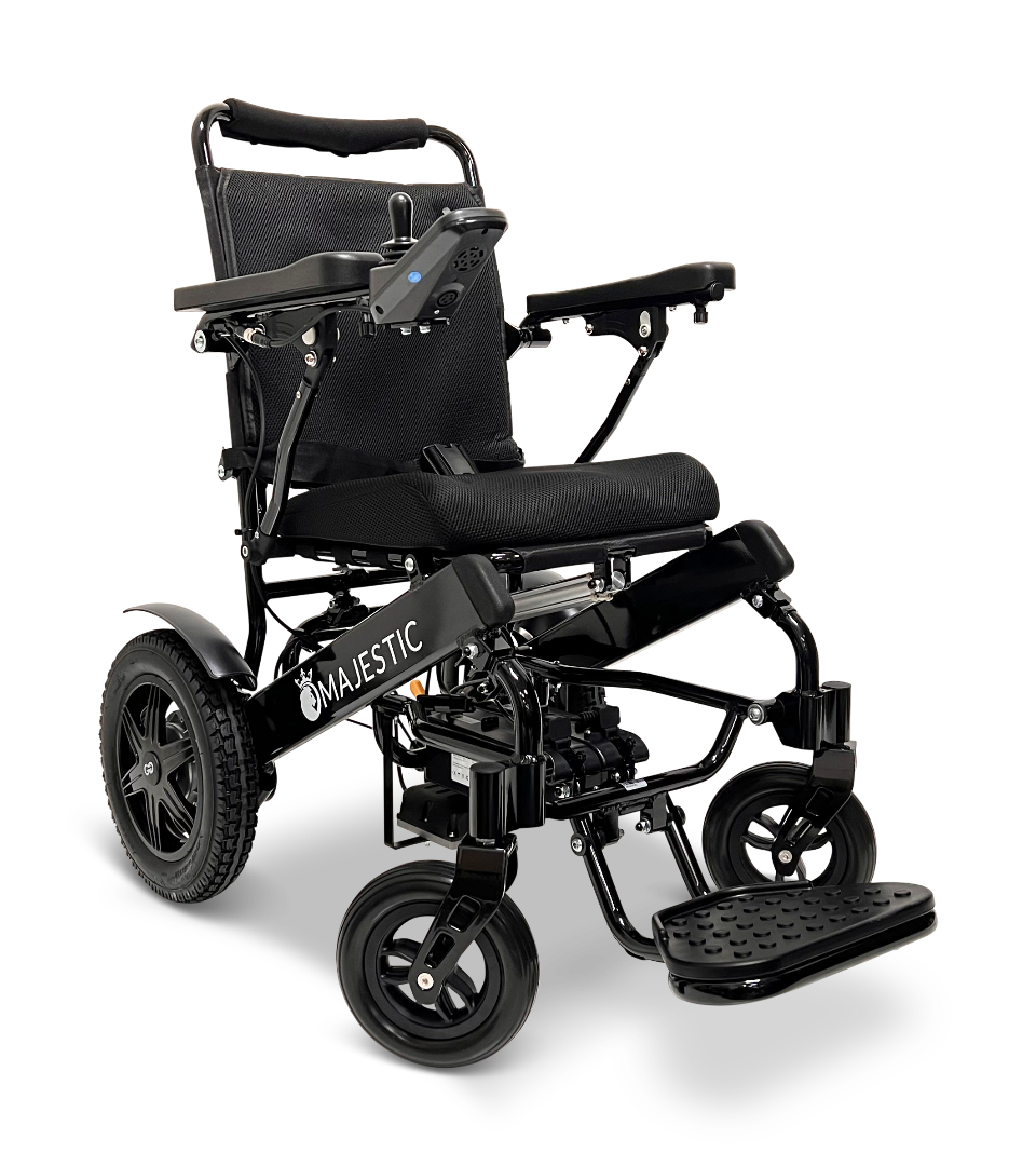 The ComfyGo MAJESTIC IQ-9000 Auto Reclining Electric Wheelchair features a black design, padded seat and backrest, raised armrests, footrest, right-side digital joystick controller, and durable aircraft-grade aluminum alloy construction.