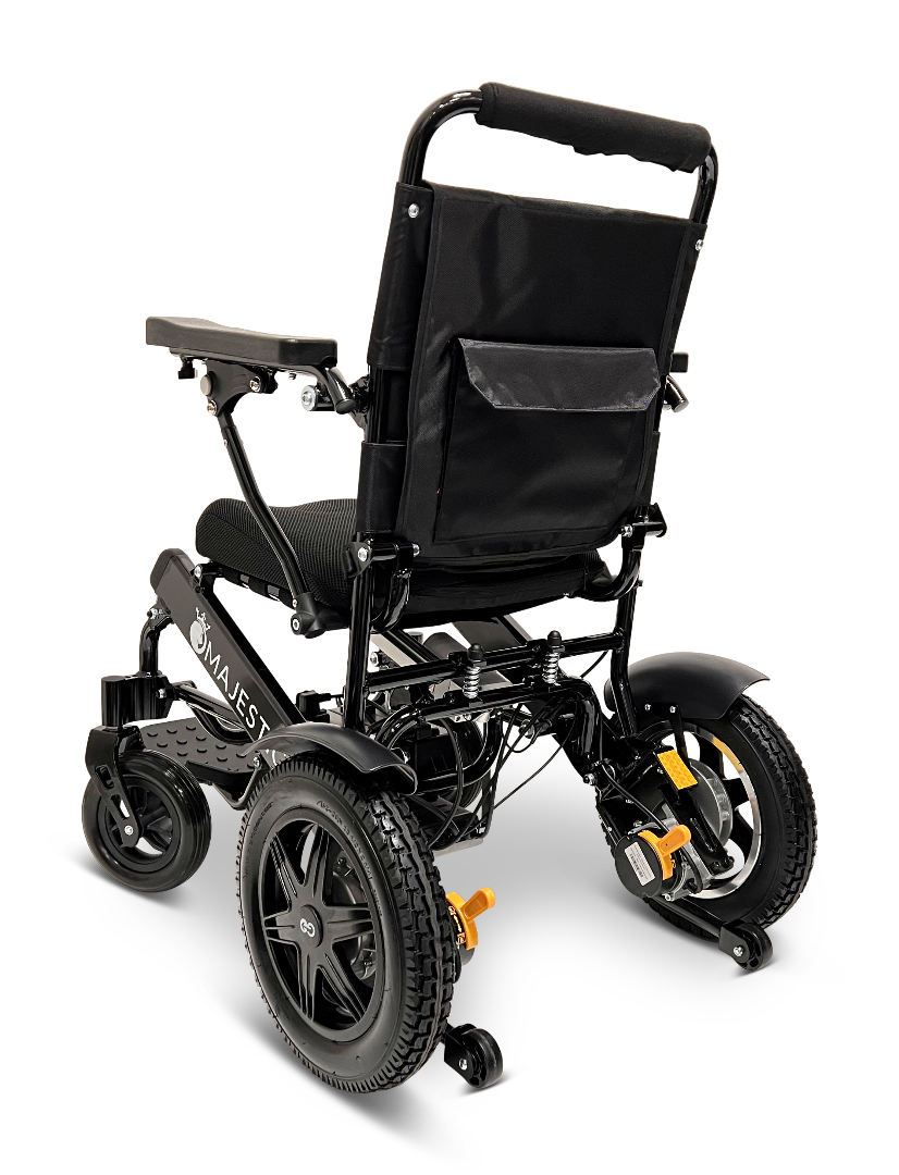 The ComfyGo MAJESTIC IQ-9000 Auto Reclining Electric Wheelchair, shown from the back, features a black foldable design with large rear wheels, padded seat and backrest, rear pocket, small front casters, and a durable aluminum alloy frame.