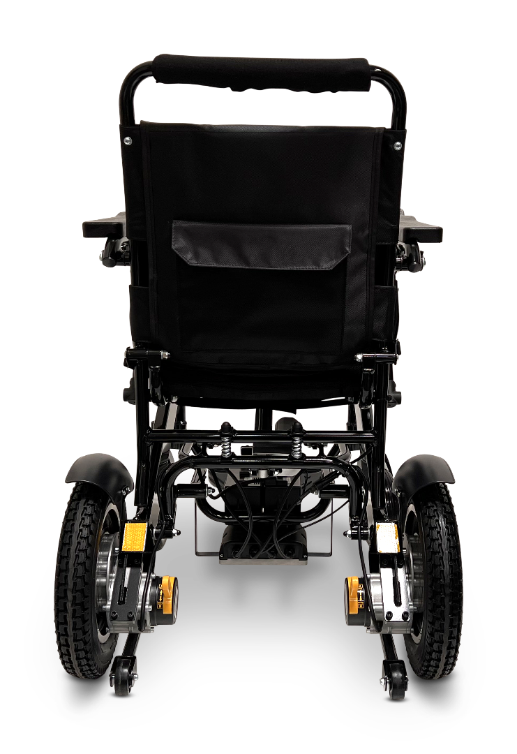 A rear view of the ComfyGo MAJESTIC IQ-9000 Auto Reclining Electric Wheelchair in black, showing large rear wheels, a backrest storage pocket, an aircraft-grade aluminum alloy frame, and quiet brushless motors under the seat.