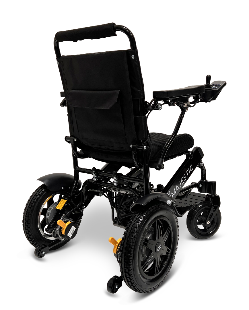 The ComfyGo MAJESTIC IQ-9000 Auto Reclining Electric Wheelchair features a lightweight aircraft-grade aluminum alloy black frame, padded seat, large rear wheels, smaller front wheels, right-arm digital joystick controller, and back storage pouch.