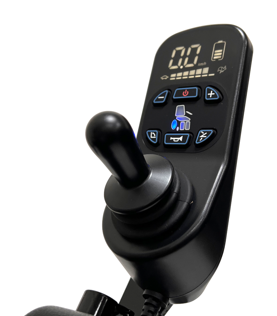 Close-up of the ComfyGo MAJESTIC IQ-9000 Auto Reclining Electric Wheelchair’s black digital joystick controller, crafted from aircraft-grade aluminum alloy, with a speed and battery display, illuminated buttons, and a precision joystick.