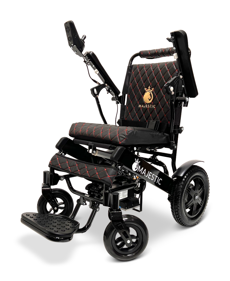 The ComfyGo MAJESTIC IQ-9000 Auto Reclining Electric Wheelchair is black with red stitching, a padded seat, adjustable armrests and footrest, sturdy wheels for mobility, and a frame crafted from aircraft-grade aluminum alloy.