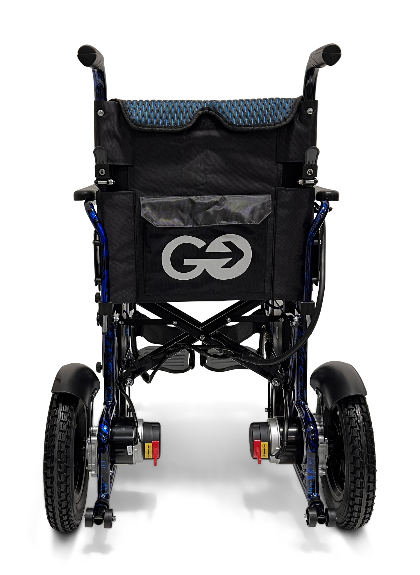 The rear view of the ComfyGo X-6 Lightweight Electric Wheelchair features robust tires, black handles, and a large backrest pocket with a stylized GO logo and arrow. This innovative model includes a 360-degree joystick for easy maneuverability.