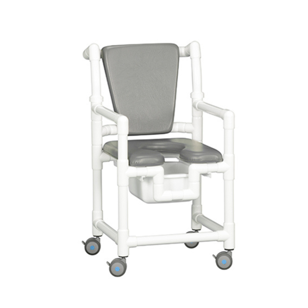 The IPU Comfort PVC Rolling Shower Chair Commode features a white PVC frame, gray padded seat and backrest, armrests, four wheels, and an open seat for comfortable toileting and showering—versatile convenience in one chair.