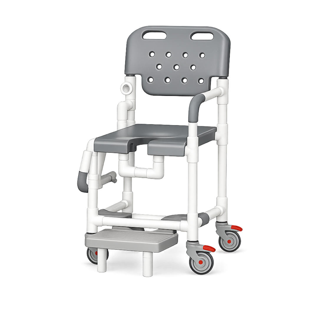 The IPU Platinum PVC Shower Chair with Drop Arm & Slideout Footrest features a ventilated backrest, armrests, footrest, and four wheels with red locks—ideal for mobility and support as an open-front commode chair in the bathroom.
