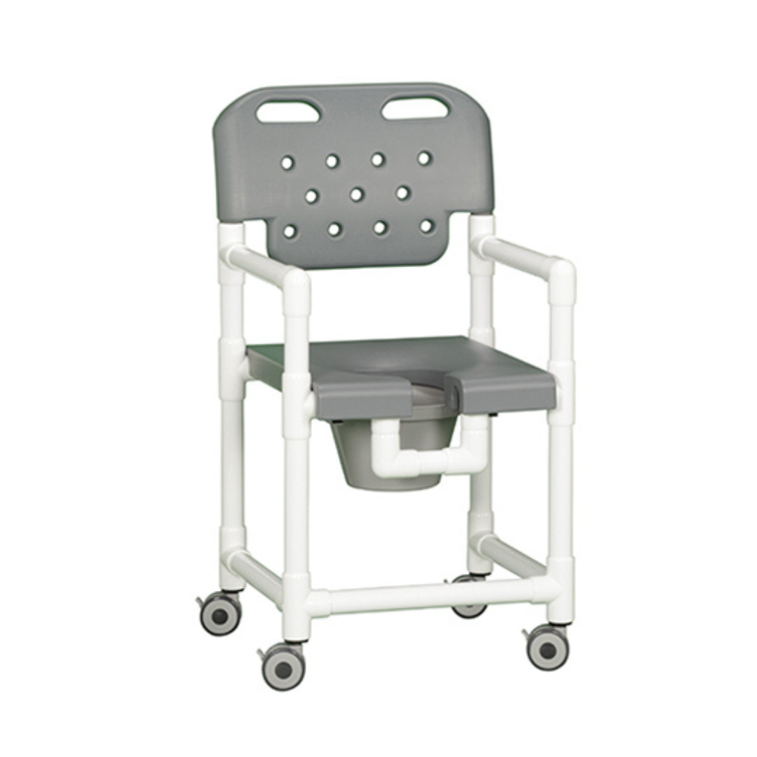 The IPU Elite PVC Rolling Shower Chair Commode features a gray and white design, blow-molded seat, ventilated backrest, armrests, four locking casters for safety, and a removable bucket beneath the seat.