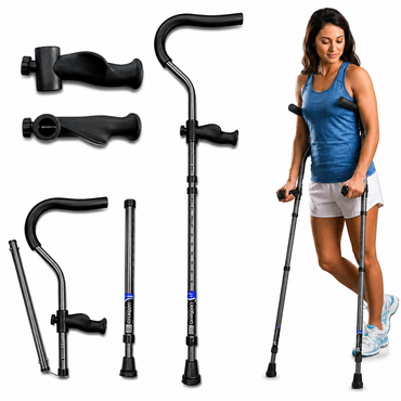 A woman uses the Millennial Medical In-Motion Pro Underarm Folding Crutch Set. The image features close-ups of adjustable parts and black handles, as well as separate components of the ergonomic crutch.