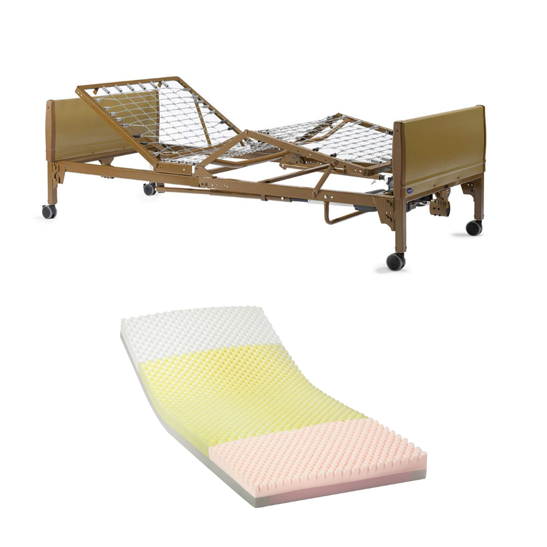 The Invacare Full-Electric Homecare & Hospital Bed with a metal frame and casters is displayed above a foam mattress featuring contoured, multicolored layers designed to match the bed’s adjustable sections.