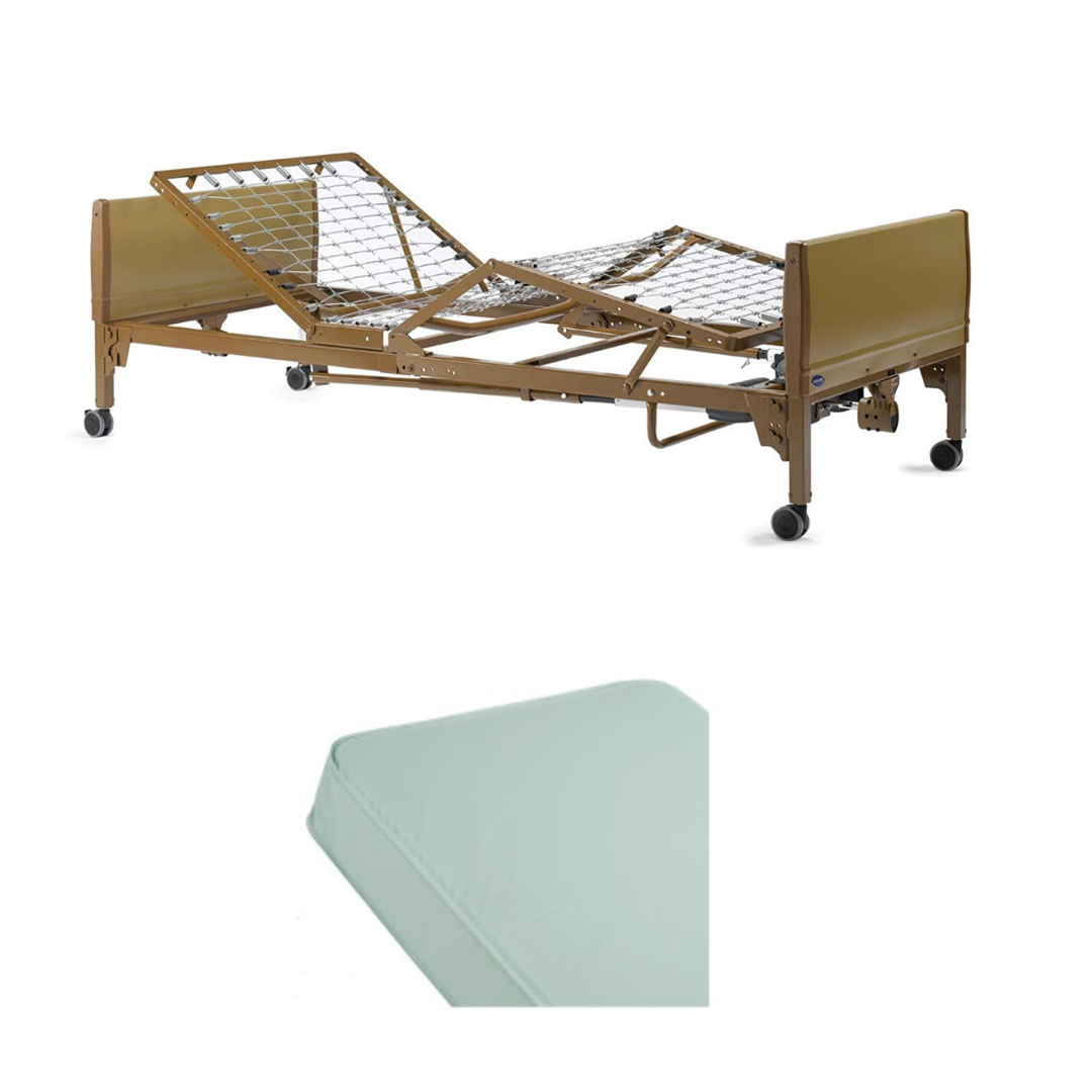 An Invacare Full-Electric Homecare & Hospital Bed with adjustable head and leg sections is shown above a close-up of a light green mattress.