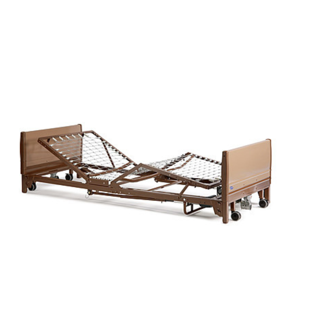 A brown Invacare Full-Electric Low Homecare & Hospital Bed frame with wheels, shown without a mattress. The head and foot sections are elevated, revealing the metal grid support and electronic adjustment mechanism.