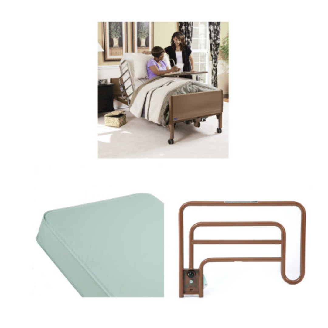 Three images show the Invacare Full-Electric Low Homecare & Hospital Bed: a woman assisted while sitting up, and close-ups of its light green mattress and brown bed rail.
