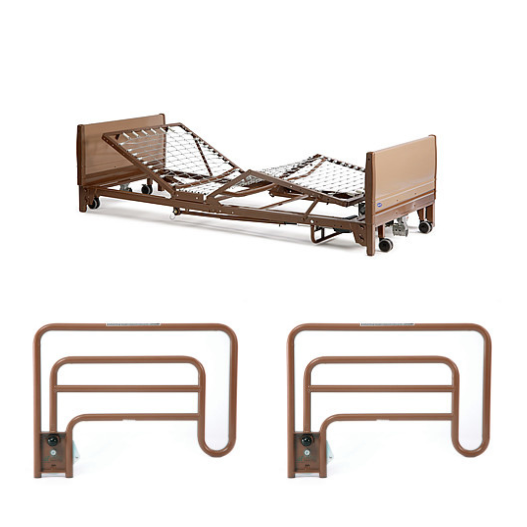 A brown Invacare Full-Electric Low Homecare & Hospital Bed features a metal frame, mesh surface, wheels, and two matching brown safety side rails shown separately below the bed.