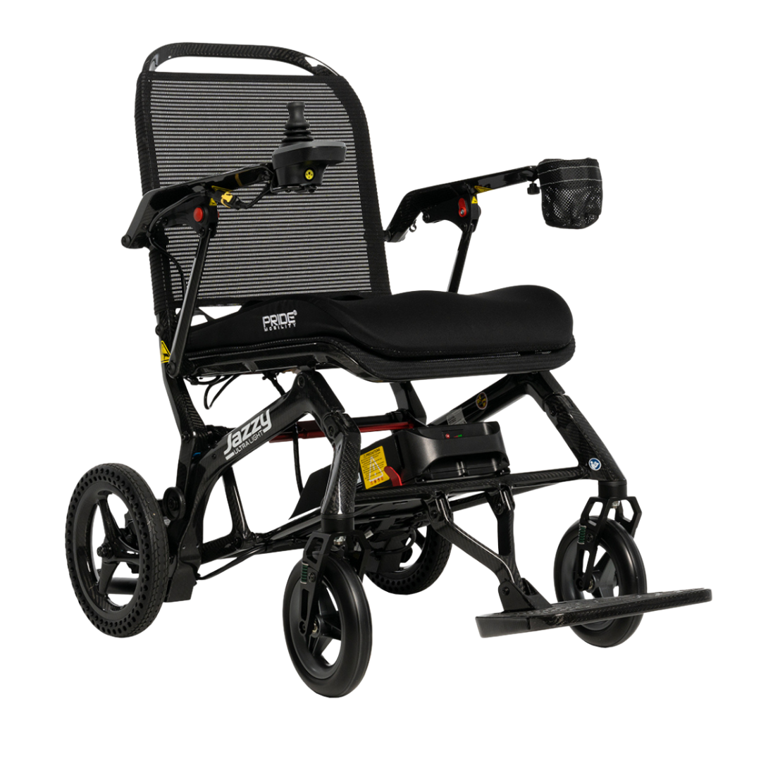 The Pride Mobility Jazzy® Ultra Light Portable Electric Wheelchair features a black frame, mesh backrest, padded seat, right-arm controls, footrest, and compact wheels—perfect for those seeking easy transport and convenience.