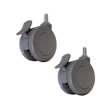 Two gray Joerns Swivel Casters for Patient Lifts with threaded stems and foot-activated brakes, ideal as Hoyer patient lift replacement parts, shown against a white background.