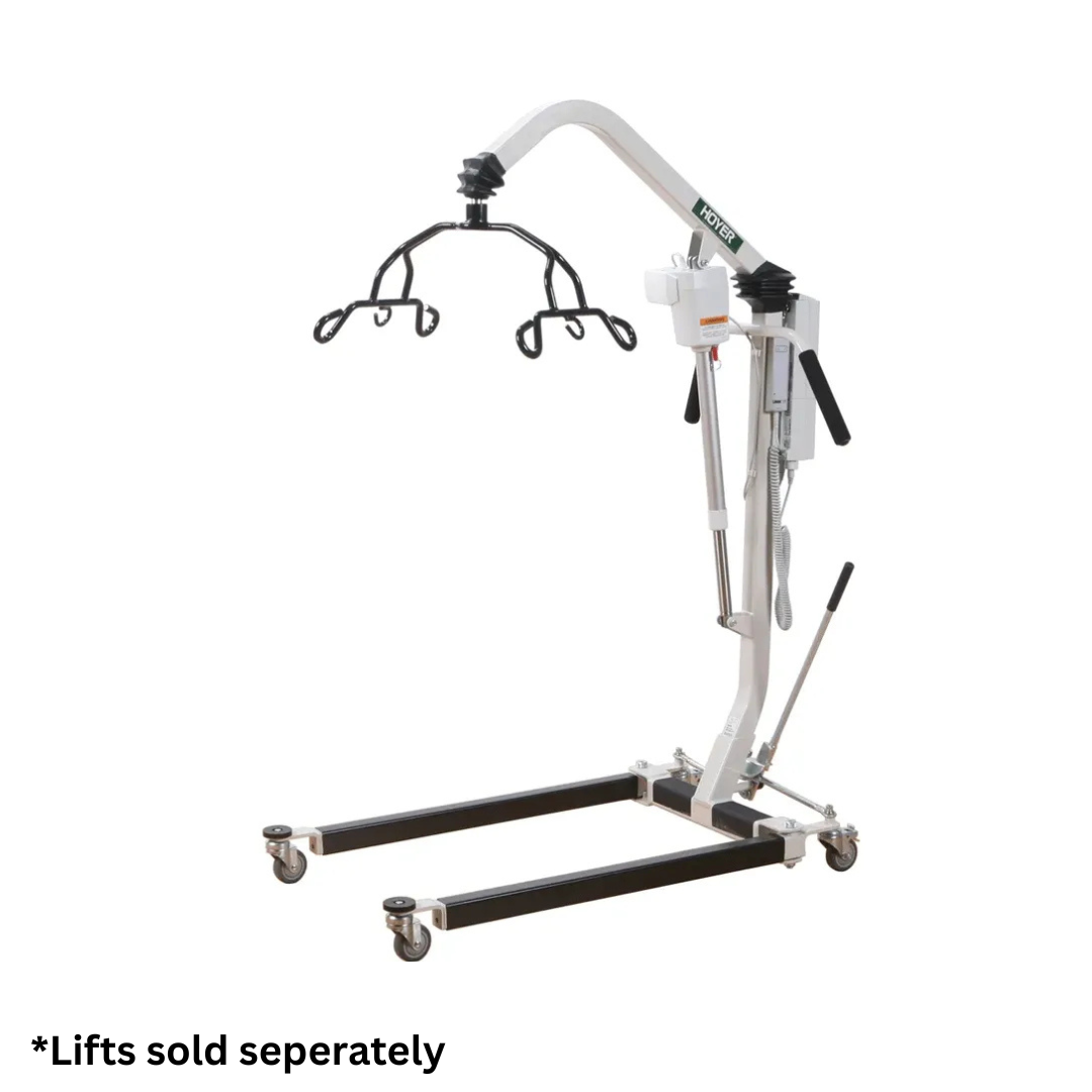 A white and black Hoyer Classic Hydraulic Lift with wheels and adjustable arm for transfers. Upgrade to powered use with the Joerns Electronic Conversion Kit For Manual Hoyer Patient Lifts. *Lifts sold separately.
