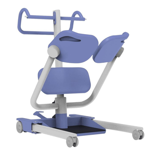 The Joerns Hoyer UP Sit-to-Stand Compact Manual Patient Lift is a blue and white portable folding stand aid on wheels, with padded knee and back supports, a gripping handlebar, and sturdy frame to assist users with standing and transfers.