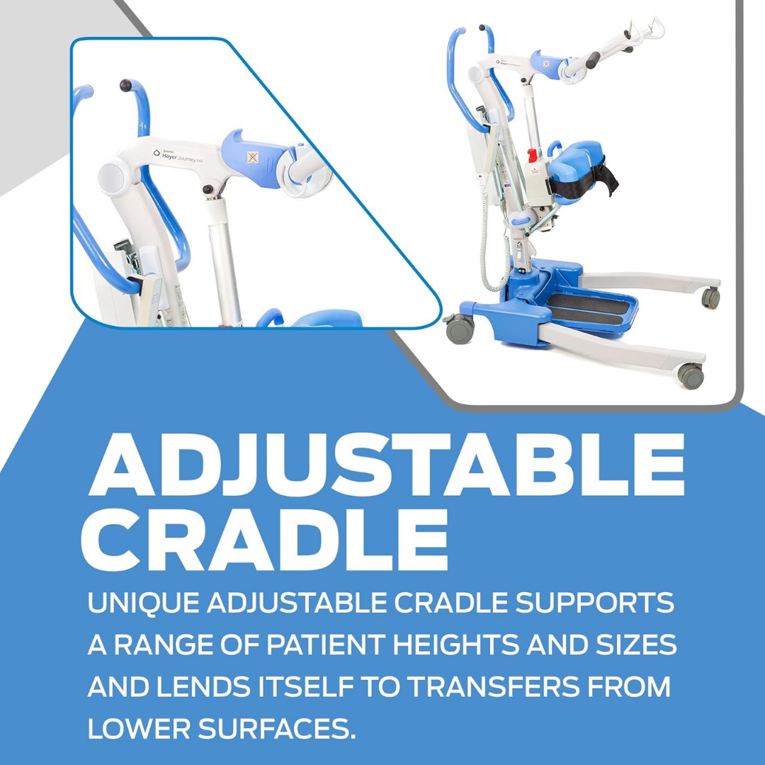 The Joerns Hoyer Journey® Sit-To-Stand Folding Electric Patient Lift is shown, featuring an adjustable cradle and sling to support patient transfers for users of various heights and sizes from lower surfaces.