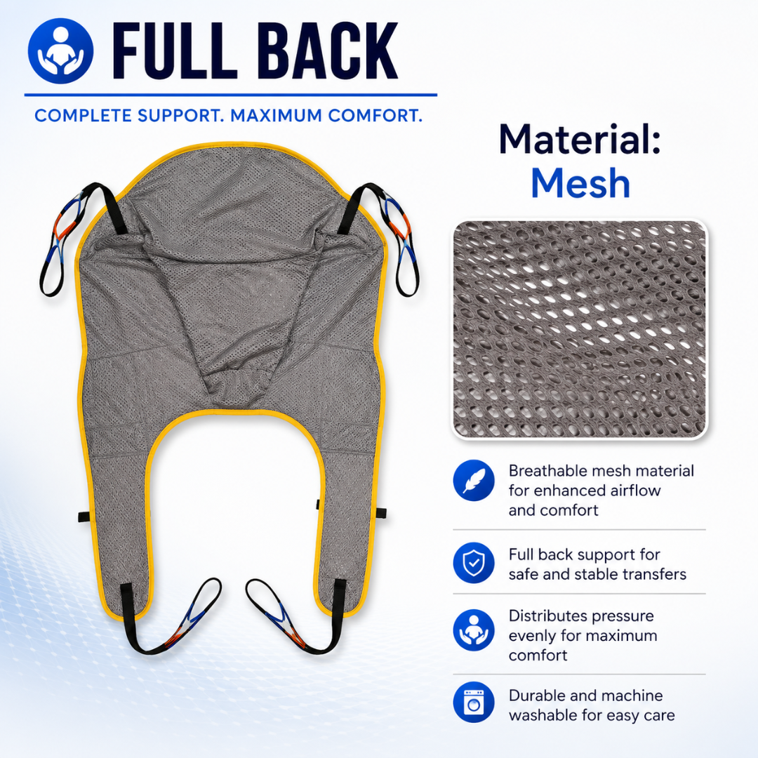 A breathable mesh full back support sling with handles and straps, designed for use with the Joerns Hoyer Advance Professional Electric Patient Lift or other patient lift systems, is shown with a close-up of mesh material, icons, and text highlighting comfort, safety, pressure distribution, and easy cleaning features—making it ideal for compact patient transfer needs.