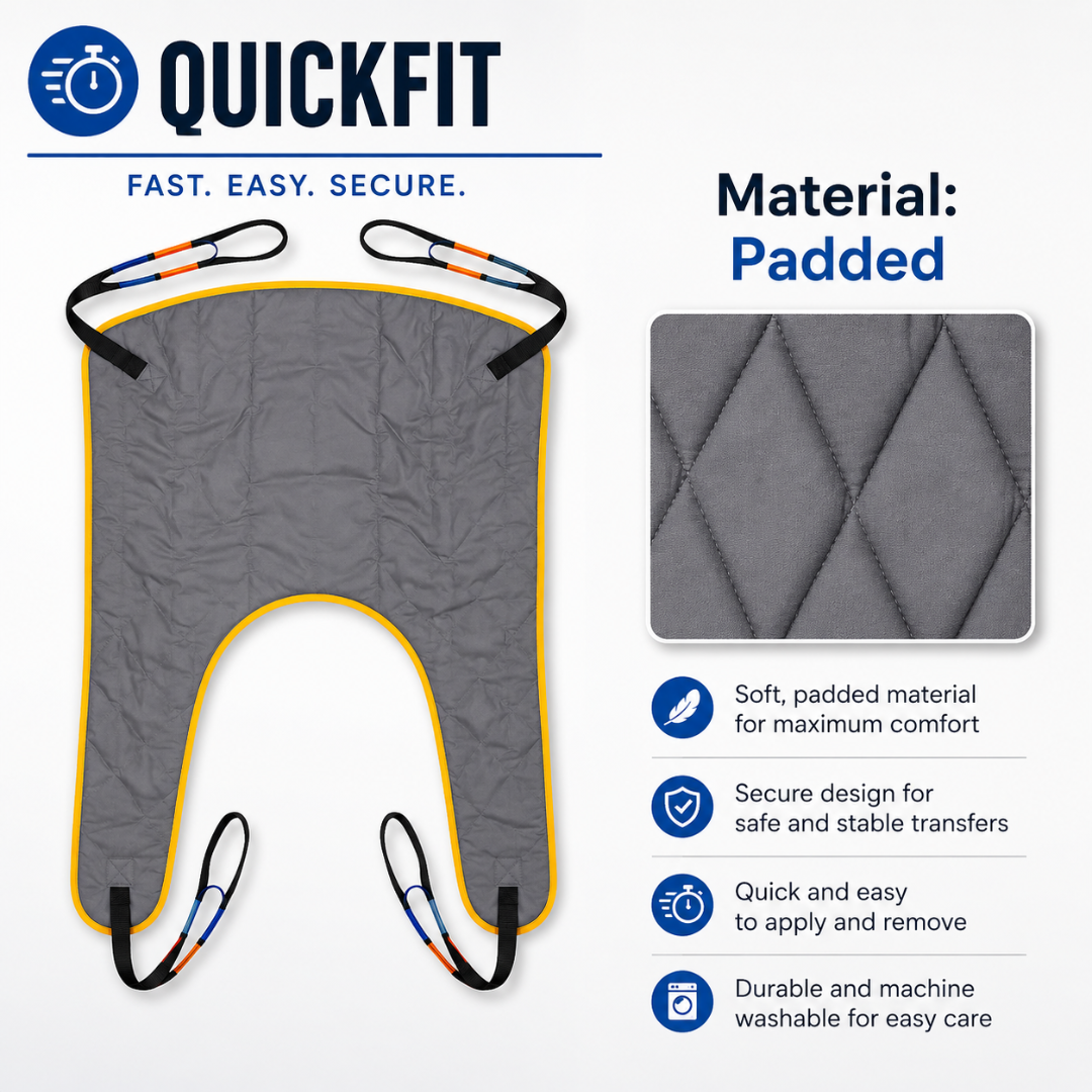 A gray, padded transfer sling with yellow trim is shown, featuring four black straps with colored loops. Designed for use with the Joerns Hoyer Advance Professional Electric Patient Lift or other compact patient lifts, this sling emphasizes comfort, safety, ease of use, and durability. A close-up reveals the diamond-patterned padding that enhances both support and longevity during patient transfer lift operations.