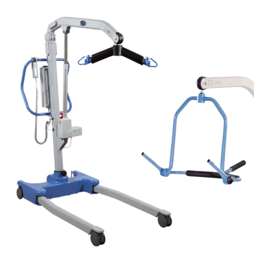 The Joerns Hoyer Presence® Bariatric Electric Patient Lift, shown in blue and gray with wheels and a detachable sling bar, is designed for safe, comfortable transfers of individuals with limited mobility in bariatric care.